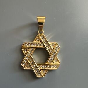 Stainless Steel Jewish Israel Star of David Necklace Bar Mitzvah Gold Zirconia